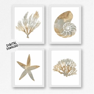 Beach Theme Printable Wall Art - Set Of 4 Art Prints - Watercolor Sea Coral, Nautilus Shell, Starfish, Seaweed Poster - Neutral Decor