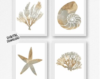 Beach Theme Printable Wall Art - Set Of 4 Art Prints - Watercolor Sea Coral, Nautilus Shell, Starfish, Seaweed Poster - Neutral Decor
