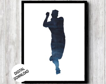 Afdrukbare kunst aan de muur Cricket Fast Bowler - marineblauwe sport aquarel poster voor sport thema jongenskamer, tiener slaapkamer, decor slaapzaal