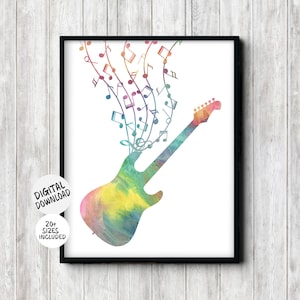 Watercolor Electric Guitar Silhouette Printable Wall Art, Gift For Guitarist / Guitar Player,  Music Notes Poster For Teen Girl / Boy Room