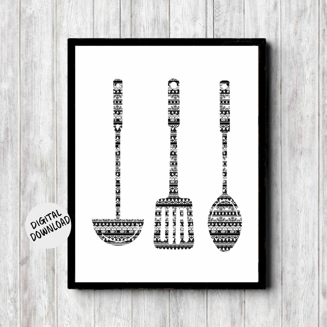 Black &amp; White Kitchen Printable Wall Decor - Kitchen Utensils Wall Art ...