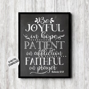 Printable Romans 12 : 12 Chalkboard Scripture Print - Be Joyful In Hope Christian Wall Art - Bible Verse Art - Typography Poster