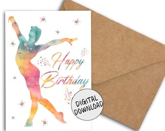 Gelukkige verjaardagskaart gymnastiek voor meisje, turnster, coach of moeder, afdrukbare kaart 5 x 7 pdf om thuis af te drukken