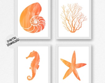 Direct downloaden - Set van 4 nautische kunstafdrukken - aquarel Nautilus, zeekoraal, zeepaardje, zeester kunst aan de muur - oranje wanddecoratie - strandkunst