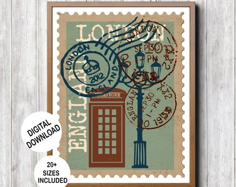 Retro Londen reisthema afdrukbare poster in vintage stijl voor thuis- of kantoorinrichting, nostalgisch Engeland/Britse postzegel kunst aan de muur