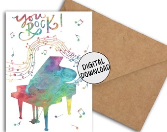 Afdrukbare You Rock-kaart voor pianist / muziekliefhebber / leraar / student - piano en muzieknoten voor pianist - 5 x 7 kaart pdf