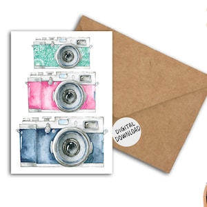 Photography Greeting Card With Watercolor Cameras - Photographer Gift - Birthday /Thank You 5 x 7 Printable Card - Digital Download