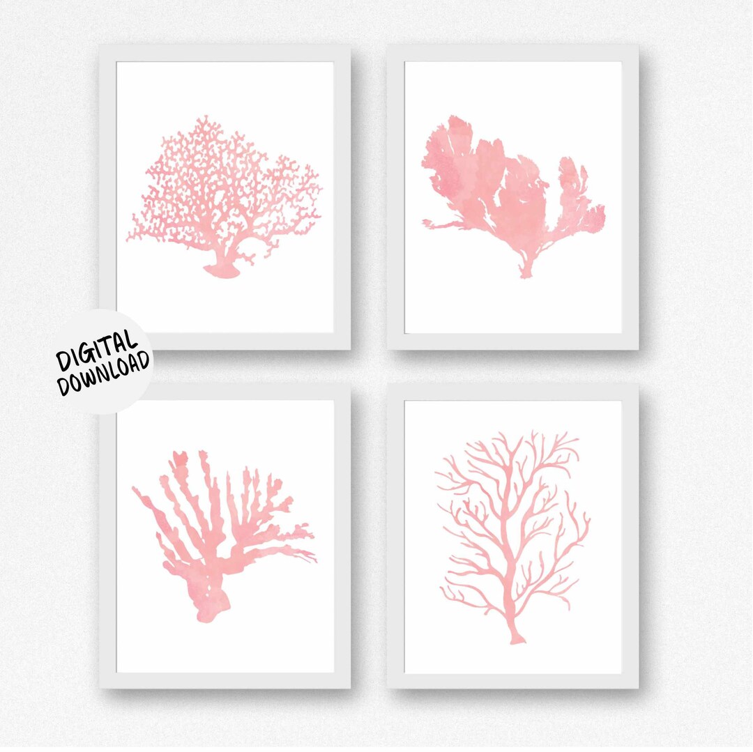 Set of 4 Sea Life Art Prints - Printable Watercolor Sea Coral / Seaweed Nursery / Bathroom ...