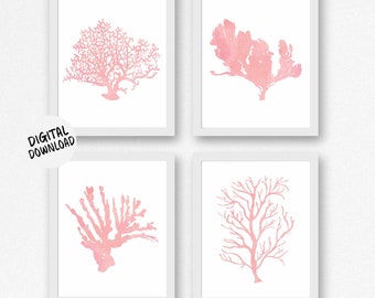 Set Of 4 Sea Life Art Prints - Printable Watercolor Sea Coral / Seaweed Nursery / Bathroom /Office Wall Art - Blush Pink Beach Theme Poster