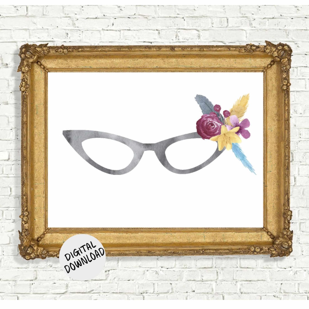 Cat Eye Glasses Printable Wall Decor - Watercolor Flowers &amp; Feathers ...