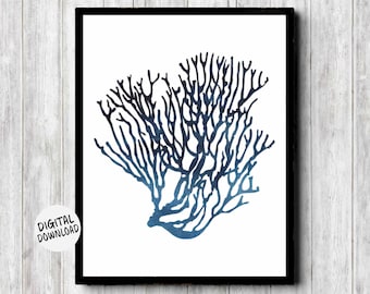 Instant Download - Sea Fan / Coral Printable Wall Art - Beach Theme Decor - Navy Watercolor Ocean Plant