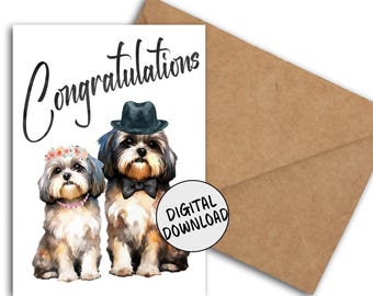 Shih Tzu-honden bruiloft / verloving gefeliciteerd kaart - eigenzinnige hond paar kaart afdrukbare pdf van 5 x 7