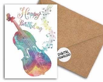 Violin & Music Notes Birthday Card For Violinist /Musician /Violin Teacher /Student - Printable Happy Birthday Card 5 x 7 - Birthday Wishes