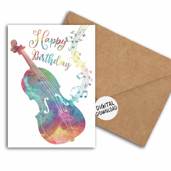 Violin & Music Notes Birthday Card For Violinist /Musician /Violin Teacher /Student - Printable Happy Birthday Card 5 x 7 - Birthday Wishes
