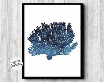 Seaweed Printable Wall Art - Watercolor Sea Coral /Fan Poster - Ocean Plant Art - Dark Blue Decor - Beach Themed Bathroom Art