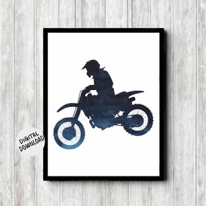 Dirt Bike Racing Printable Wall Art - Motocross Boy Dorm Poster - Navy Blue Watercolor Motorbike Boys Room Decor