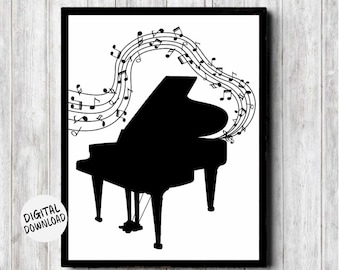 Printable Piano Silhouette Poster With Music Notes - Music Teacher Gift - Grand Piano Print - Gift For Musician - Music Instrument Wall Art