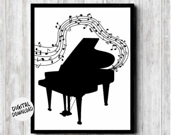 May include: Black and white silhouette of a grand piano with musical notes flowing from the top. The image is framed in black.