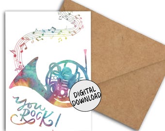 Printable You Rock Pun Card With French Horn & Music Notes - Love / Appreciation /Recognition Card For Horn Player /Musician /Music Teacher