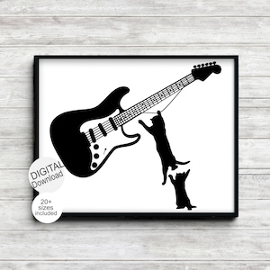Guitarra eléctrica con un gato colgando del cartel imprimible de cuerda, arte de estudio de música, regalo peculiar de profesor de música / músico / guitarrista