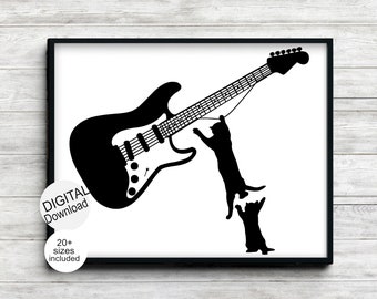 May include: Black and white silhouette of two cats playing with a black electric guitar. The cats are jumping and reaching for the guitar strings. The image is set against a white background.