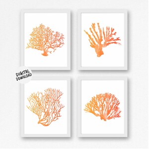 Printable Set of 4 Sea Coral Wall Art Watercolor Sealife Bathroom ...