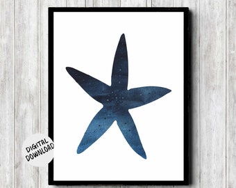 Watercolor Starfish Printable Wall Decor - Sea Star Wall Art Poster - Dark Blue Print - Sea /Marine Life Art -Sea Animal / Creature