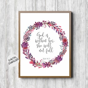 Scripture Printable Wall Art - Psalm 46 :5 Art Print - Watercolor Wreath Bible Verse Decor - God Is Within Her - Christian