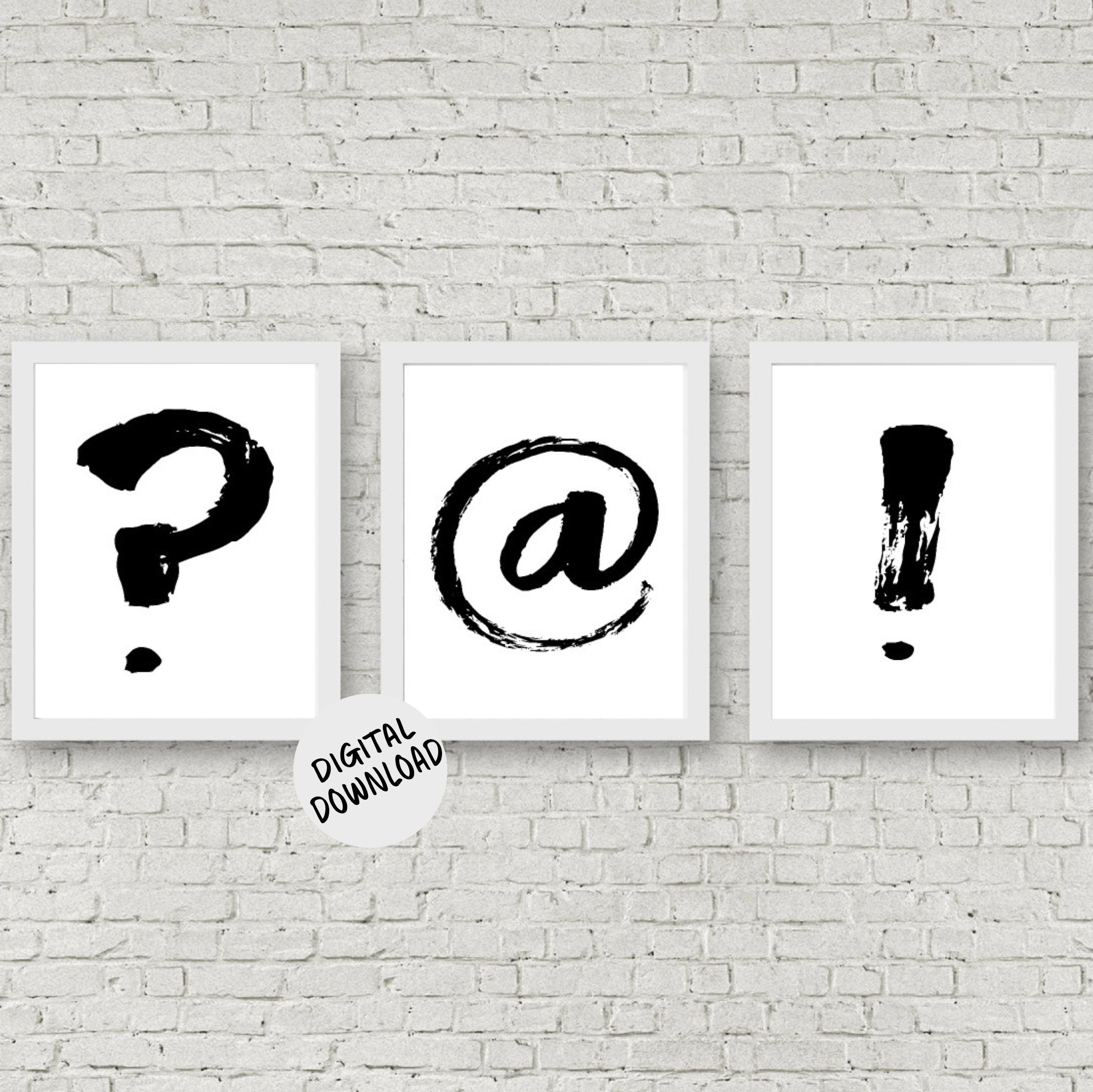 Minimalist Printable Wall Art Set Of 3 - Monochrome Office Wall Decor- Question Mark/ At/ @ Sign/ Exclamation Point Print- Teen Room Art