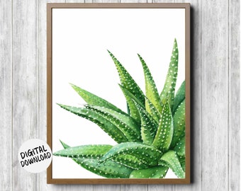 Aloe Vera Succulent Printable Wall Decor - Office /Nursery /Bedroom /Bathroom Wall Art - Watercolor Green Plant Print