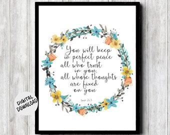 Isaiah 26: 3 Scripture Printable Wall Poster - Watercolor Wreath Wall Art - You Will Keep In Perfect Peace - Bible Verse