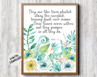 Psalm 1 : 3 Printable - Watercolor Flowers Scripture Wall Art - Nursery Wall Poster - Planted Like Trees- Bible Verse Decor - Christian Gift