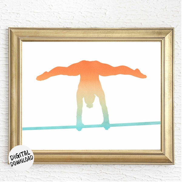Female Gymnast On Uneven Bars Printable Wall Art - Watercolor Gymnastic Poster Gift - Artistic Gymnastics Silhouette