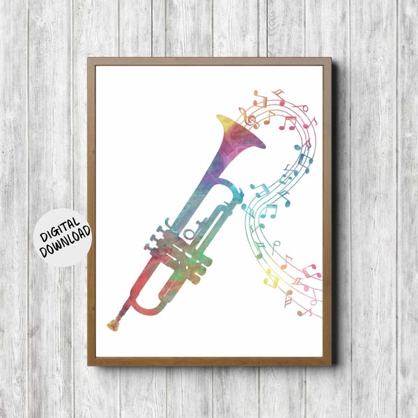 Printable Watercolor Trumpet & Music Notes Wall Art- Gift For Music Lover/ Teacher/ Teen/ Musician - Multicolor /Colorful Music Decor Poster