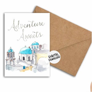 Tarjeta de felicitación de despedida imprimible: la aventura te espera, tarjeta de viaje/graduación: Santorini, Grecia