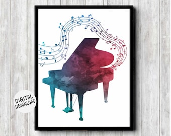 Watercolor Piano /Music Printable Art - Gift For Pianist/ Piano Teacher /Musician /Teen - Music Instrument Poster - Music Notes Wall Decor