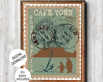 Afdrukbare retro Kaapstad-reisthemaposter in vintage stijl voor thuis- of kantoordecoratie, nostalgische Zuid-Afrikaanse postzegelkunst aan de muur
