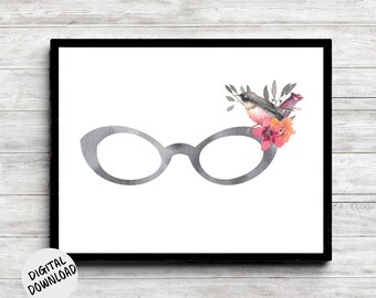 Instant Download - Eye Glasses Printable Wall Art - Watercolor Flowers & Bird - Gray / Grey Wall Decor - Optician/ Optometrist Gift