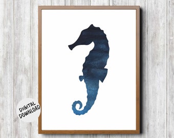 Aquarel Seahorse Art Print - Sea Horse afdrukbare muurkunst - Marine / Sea Life Poster - Donkerblauw wanddecor - Zeedier - Strandthema