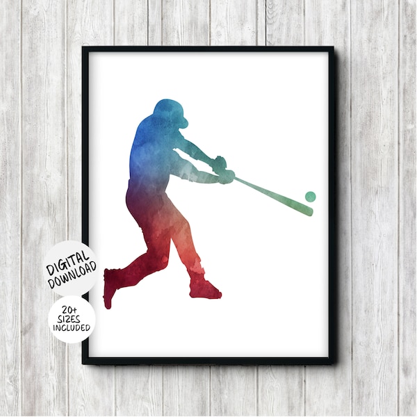 Baseball Player Silhouette Boy Room / Nursery /Office Decor - Printable Teen Boy Sport Wall Art - Baseball Batter Gift - Red, Blue & Green