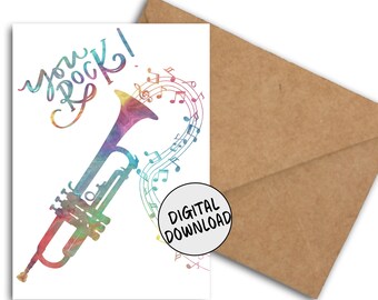 You Rock Printable Card For Trumpet Player |Musician | Music Lover | Teacher | Student - Watercolor Music Notes - Appreciation Greeting Card