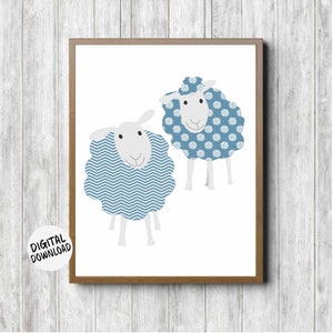 Cute Blue Sheep Printable Boy Or Girl Nursery Wall Art - Whimsical Farm Animal Print - Instant Download