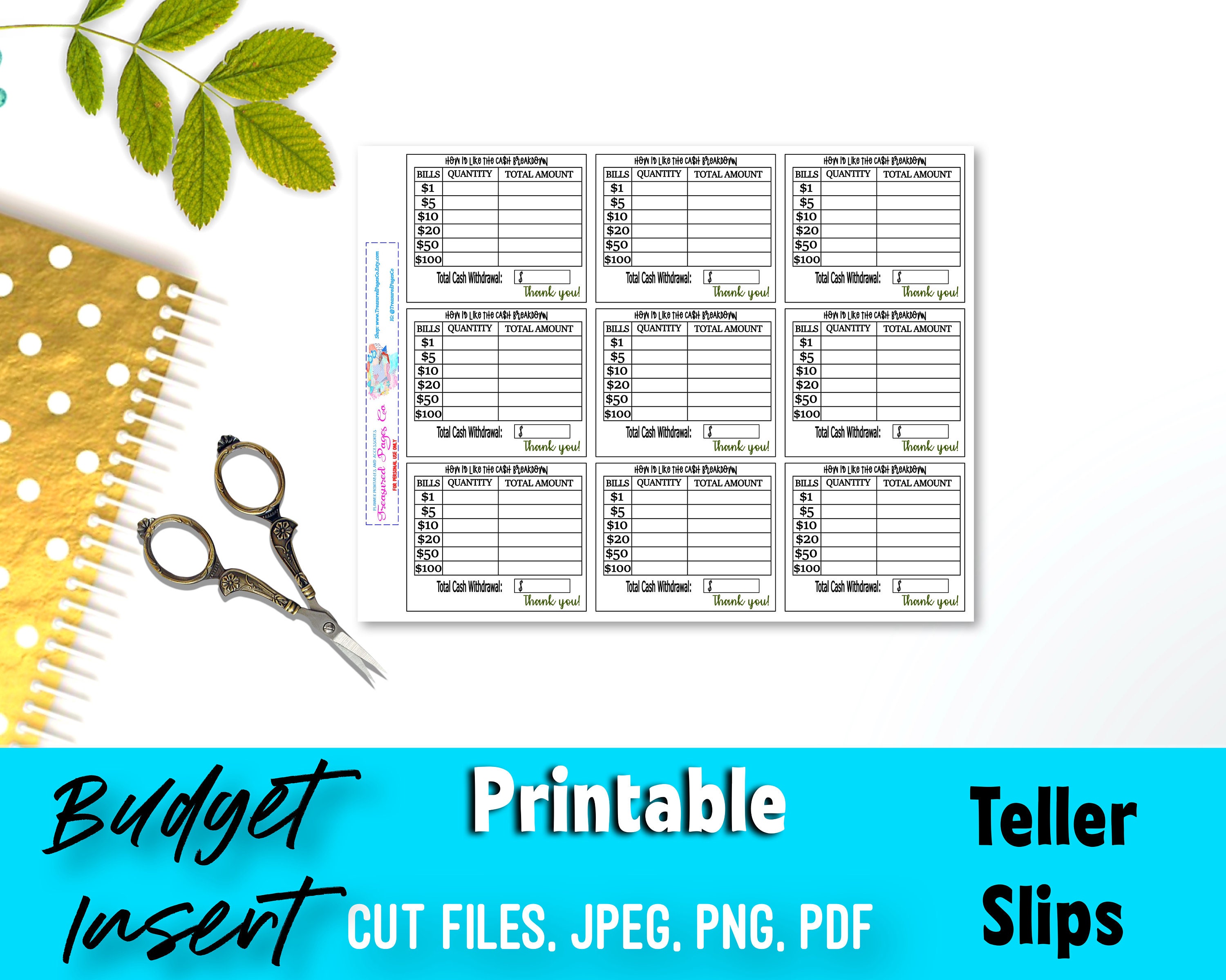 Cash Breakdown Teller Slip Digital Printable Insert Cash