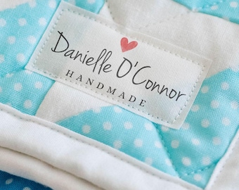 Personalized fabric label Set, Heart emoji iron on quilt labels, red love heart custom knitting and sewing tags