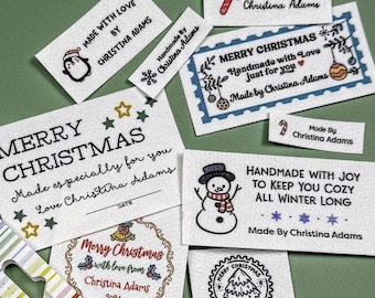 Etiquetas navideñas con nombre, etiquetas de tela de algodón para coser, crochet y acolchado, para coser o planchar, parches de copo de nieve, acebo y muñeco de nieve - CP06