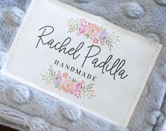 Custom flower Quilting label, Set of watercolor floral personalized sewing labels, cotton fabric tags printed with your text, crochet, knit