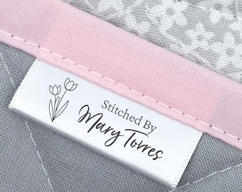 Juego de etiquetas de satén con tulipanes, etiquetas de costura personalizadas, etiquetas para coser para artículos hechos a mano, etiquetas de costura personalizadas, cinta personalizada - SA10