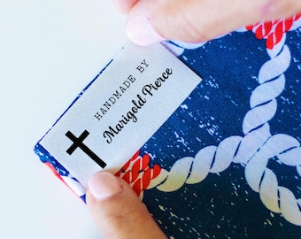 Christian Cross Cotton fabric tags,  Faith personalized iron-on labels, knitting or crochet tag, Religious