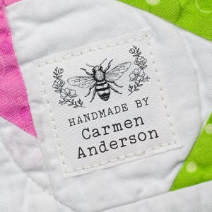 Bumble Bee Cotton Sewing Labels, vintage buzzing bee soft Custom Fabric Tags, antique bug Iron on flower quilt label. 1.5" square patch set