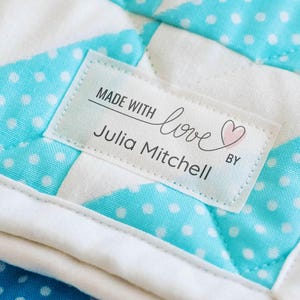 Made with love Label, Heart Set of Cotton fabric tags, Modern personalized iron-on labels, knitting or crochet tag